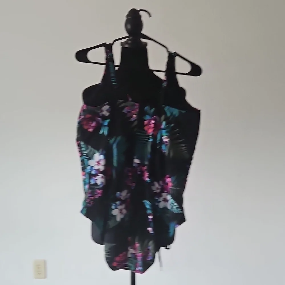 Aqua Green Floral One Piece Swimsuit - Black and Pink